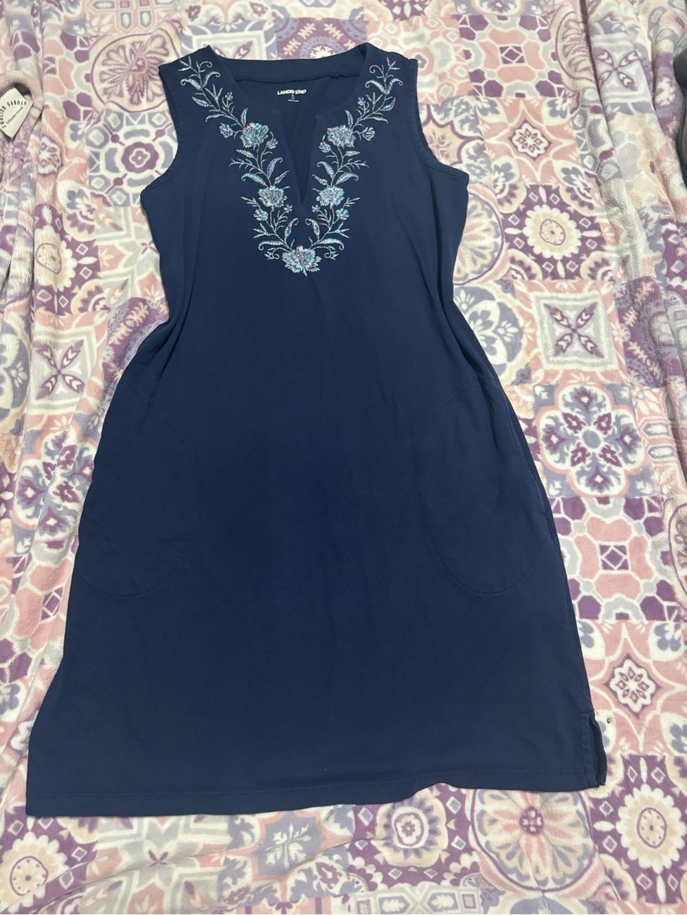 Lands' End Navy Embroidered Floral Split-Neck Dress